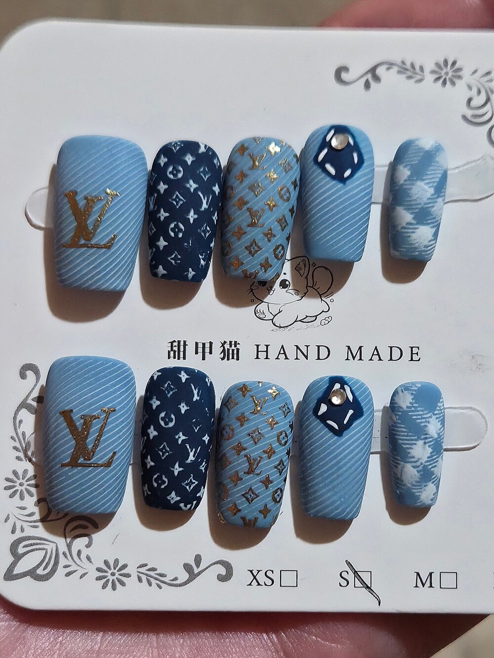 LV Denim Blue Designer Handmade Press On Luxury Nails